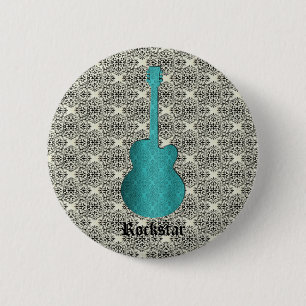 Rockstar Damask Guitar Button, Turquoise 2 Inch Round Button