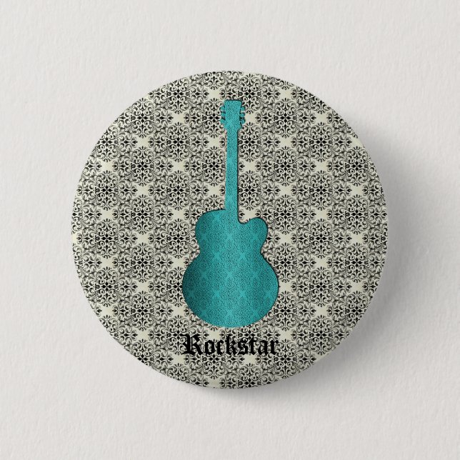 Rockstar Damask Guitar Button, Turquoise 2 Inch Round Button (Front)