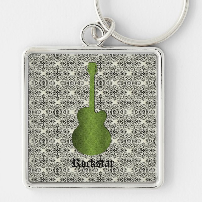 Rockstar Damask Guitar Keychain, Olive Green Keychain (Front)