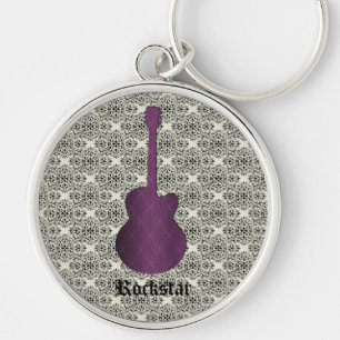 Rockstar Damask Guitar Keychain, Purple Keychain