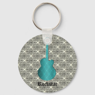 Rockstar Damask Guitar Keychain, Turquoise Keychain