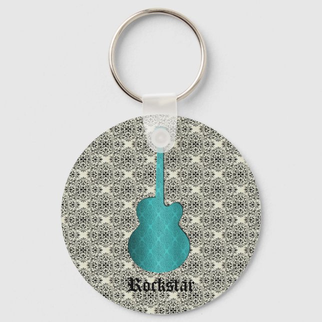 Rockstar Damask Guitar Keychain, Turquoise Keychain (Front)