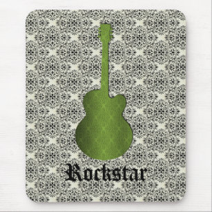 Rockstar Damask Guitar Mousepad, Olive Green Mouse Pad