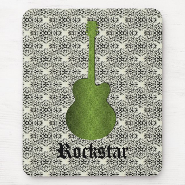 Rockstar Damask Guitar Mousepad, Olive Green Mouse Pad (Front)