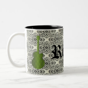 Rockstar Damask Guitar Mug, Olive Green Two-Tone Coffee Mug