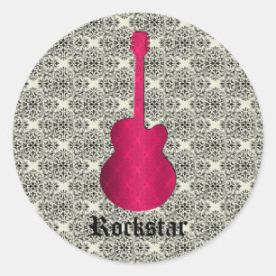 Rockstar Damask Guitar Stickers, Magenta Classic Round Sticker
