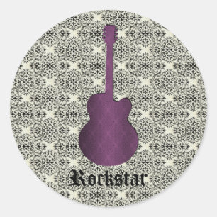 Rockstar Damask Guitar Stickers, Purple Classic Round Sticker