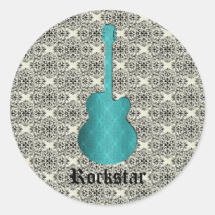 Rockstar Damask Guitar Stickers, Turquoise Classic Round Sticker