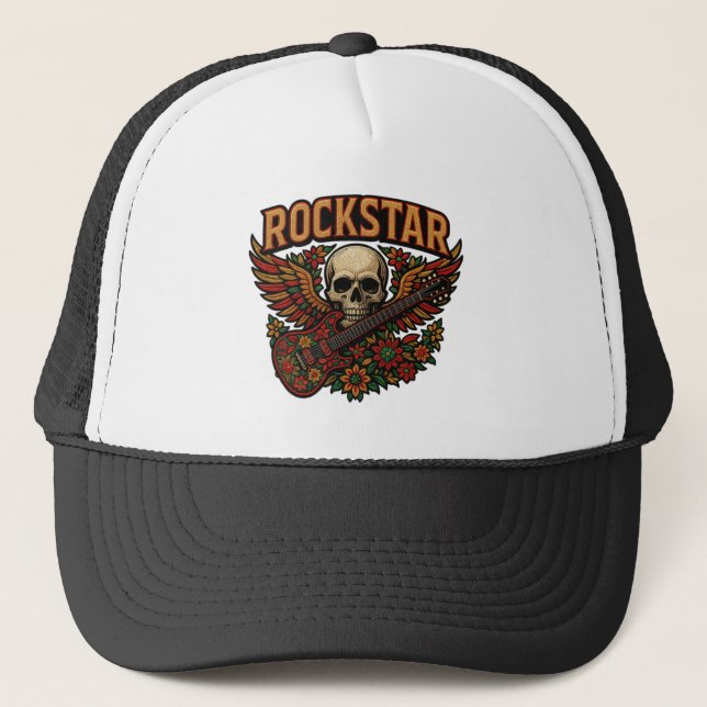 Rockstar Skull Guitar Wings – Bold Floral Embroide Trucker Hat (Front)