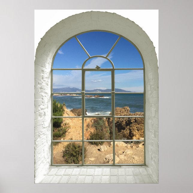 Rocky Beach Ocean View Curved Fake Window Poster (Front)