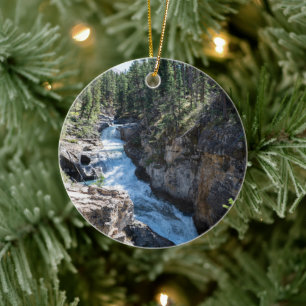 Rocky Canyon, Cascading Water Among Evergreens Ceramic Ornament