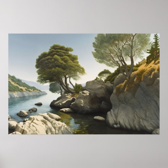 Rocky cove in of a lake in the hills poster (Front)