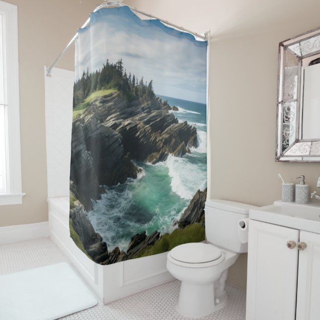 Rocky Cove Ocean Cliffside Themed Shower Curtain (In Situ)