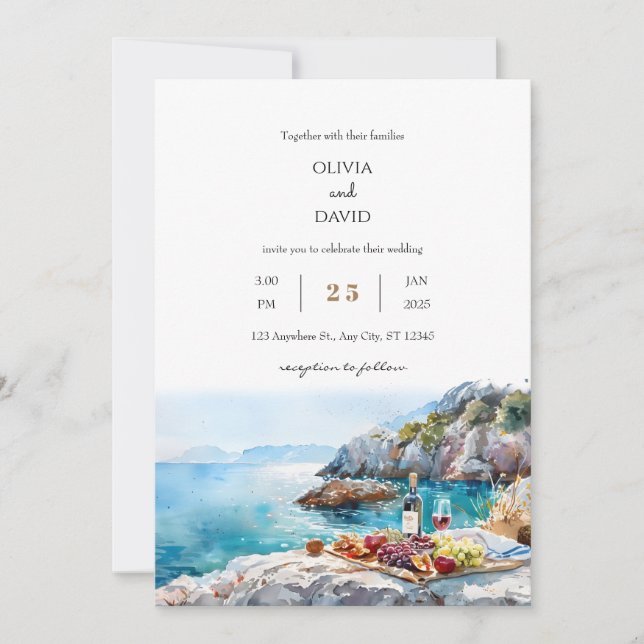  Rocky Cove Turquoise Waters picnic Beach Wedding Invitation (Front)