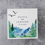 Rocky Mountain Destination Wedding Napkin<br><div class="desc">These Rocky Mountain destination wedding paper napkins are perfect for an outdoor wedding reception. The design features a blue and green painted wilderness landscape with watercolor pine trees, birds and mountains. Personalize the napkins with the names of the bride and groom, and the wedding date. These napkins can be used...</div>