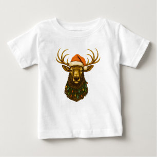 Rocky Mountain Elk in Santa Hat with Christmas Baby T-Shirt