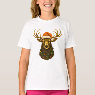 Rocky Mountain Elk in Santa Hat with Christmas T-Shirt