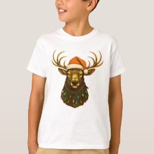 Rocky Mountain Elk in Santa Hat with Christmas T-Shirt