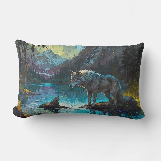 Rocky Mountain Grey Wolf Art Lumbar Pillow (Front)
