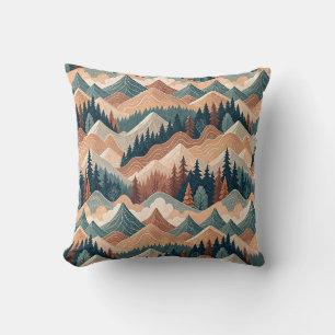 Rocky Mountain & Pine Forest Landscape Painting Throw Pillow