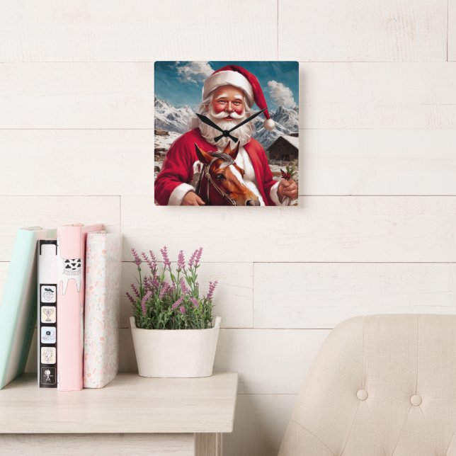 Rocky Mountain Santa and His Horse Square Wall Clock (Reading Room)