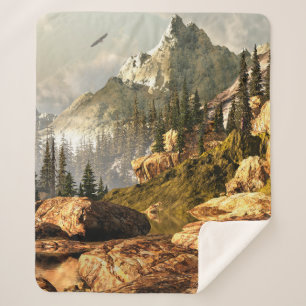 Rocky Mountain scene with bald eagle soaring in th Sherpa Blanket