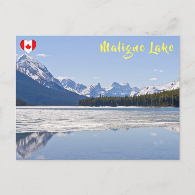 Rocky mountains reflecting in Maligne Lake Postcard (Front)