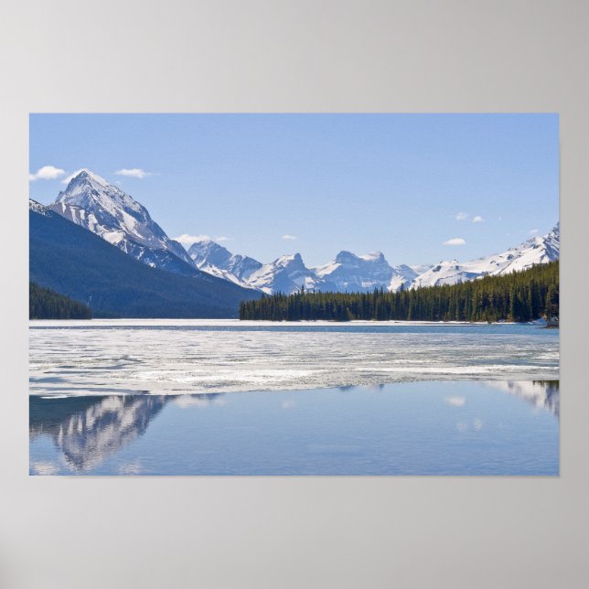 Rocky mountains reflecting in Maligne lake Poster (Front)