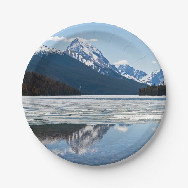 Rocky mountains reflection in Maligne Lake Paper Plate (Front)
