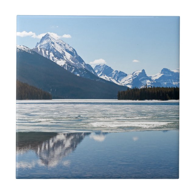 Rocky mountains reflection in Maligne Lake Tile (Front)