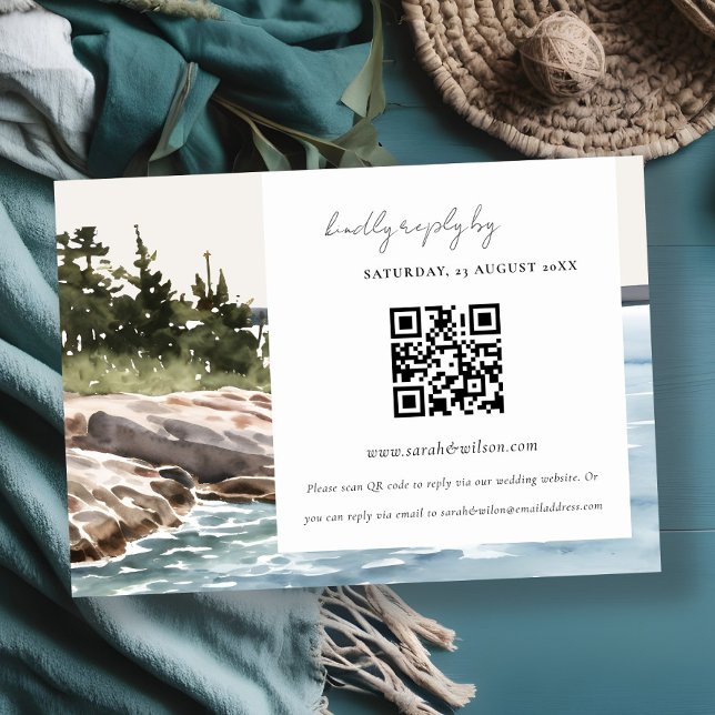 Rocky Pine Mountain Seascape Wedding QR Code RSVP Enclosure Card (Creator Uploaded)