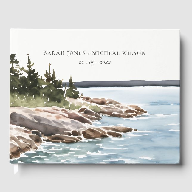 Rocky Pine Mountain Watercolor Seascape Wedding Guest Book (Front)