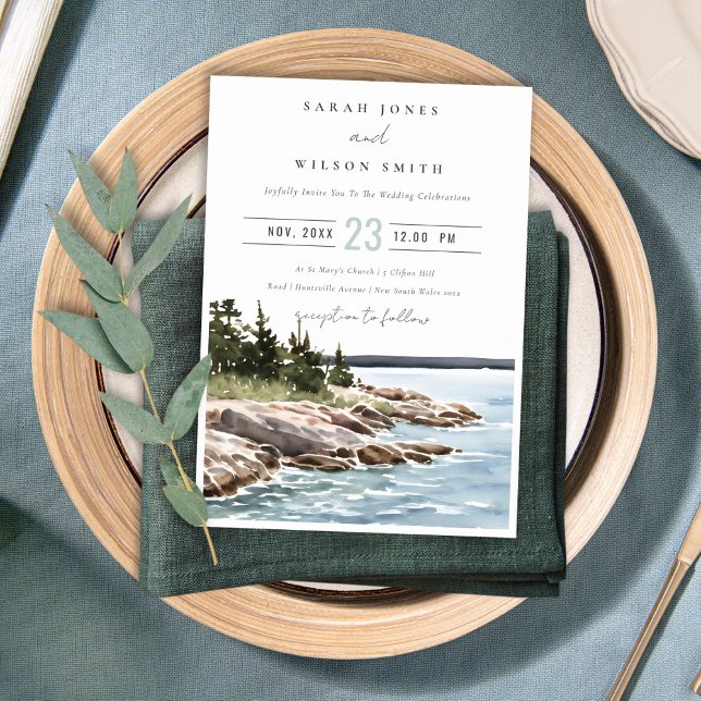Rocky Pine Mountain Watercolor Seascape Wedding Invitation (Creator Uploaded)