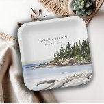 Rocky Pine Mountain Watercolor Seascape Wedding Paper Plate<br><div class="desc">Rocky Pine Mountain Watercolor Seascape Theme Collection.- it's an elegant script watercolor Illustration of Rocky Pine Tree Mountain Seascape,  perfect for your tropical destination wedding & parties. It’s very easy to customize,  with your personal details. If you need any other matching product or customization,  kindly message via Zazzle.</div>