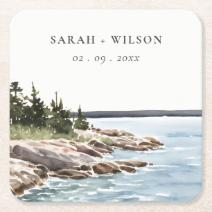 Rocky Pine Mountain Watercolor Seascape Wedding Square Paper Coaster