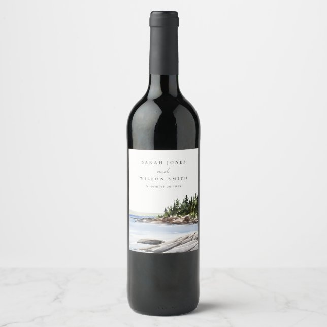 Rocky Pine Mountain Watercolor Seascape Wedding Wine Label (Front)