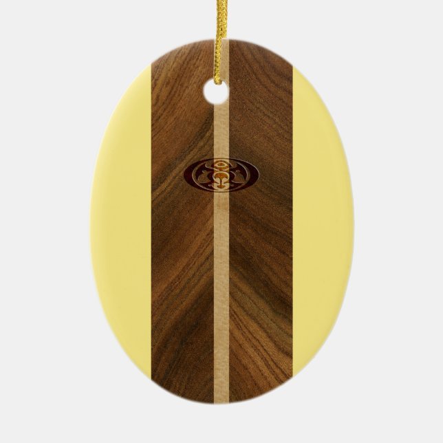 Rocky Point Hawaiian Faux Wood Surfboard Ceramic Ornament (Front)