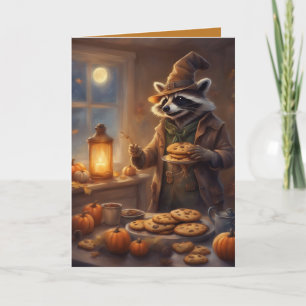Rocky Raccoon bakes Halloween cookies greeting Card