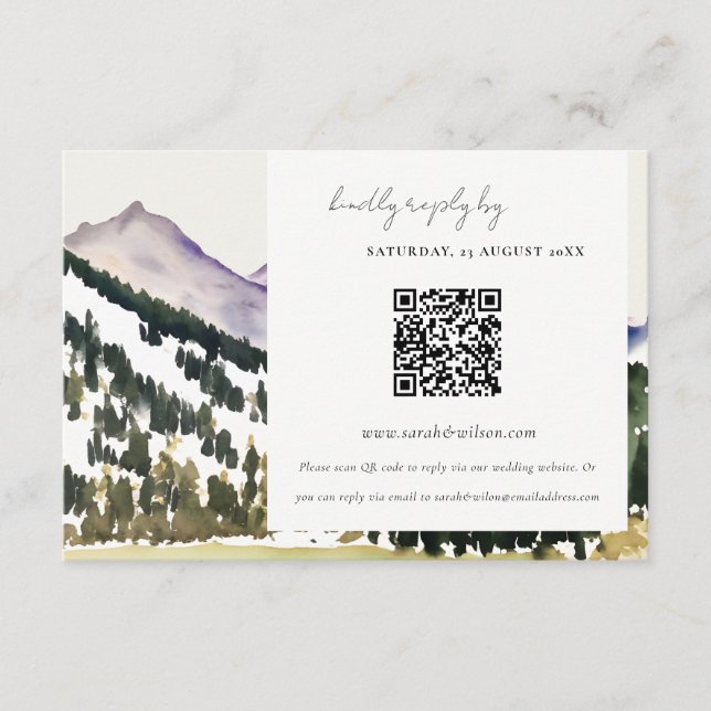 Rocky Snow Mountain Landscape Wedding QR Code RSVP Enclosure Card (Front)