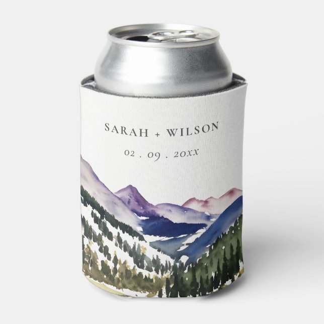 Rocky Snow Mountain Watercolor Landscape Wedding Can Cooler (Can Front)