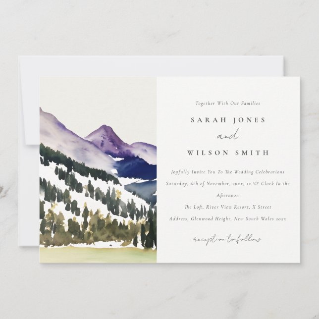 Rocky Snow Mountain Watercolor Landscape Wedding Invitation (Front)