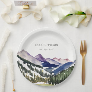 Rocky Snow Mountain Watercolor Landscape Wedding Paper Plate