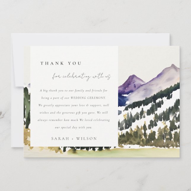 Rocky Snow Mountain Watercolor Landscape Wedding Thank You Card (Front)