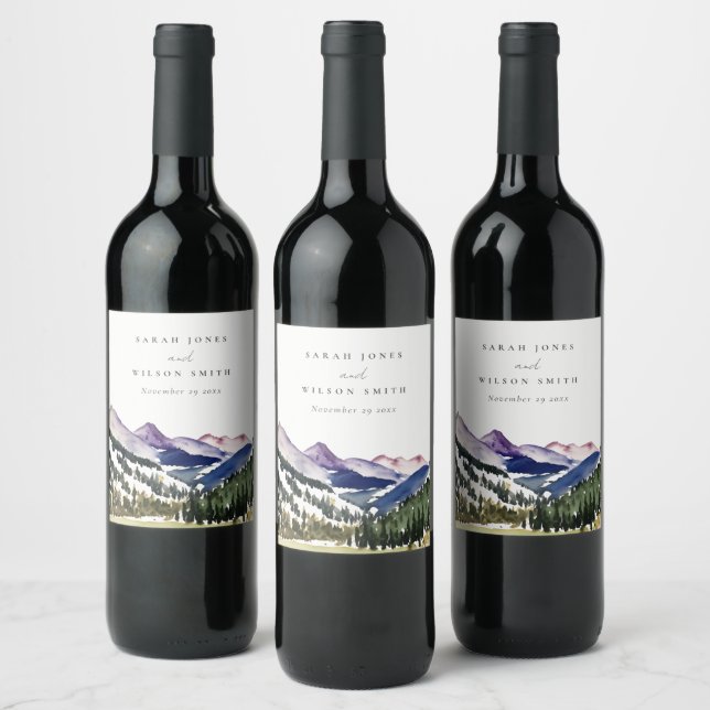 Rocky Snow Mountain Watercolor Landscape Wedding Wine Label (Bottles)
