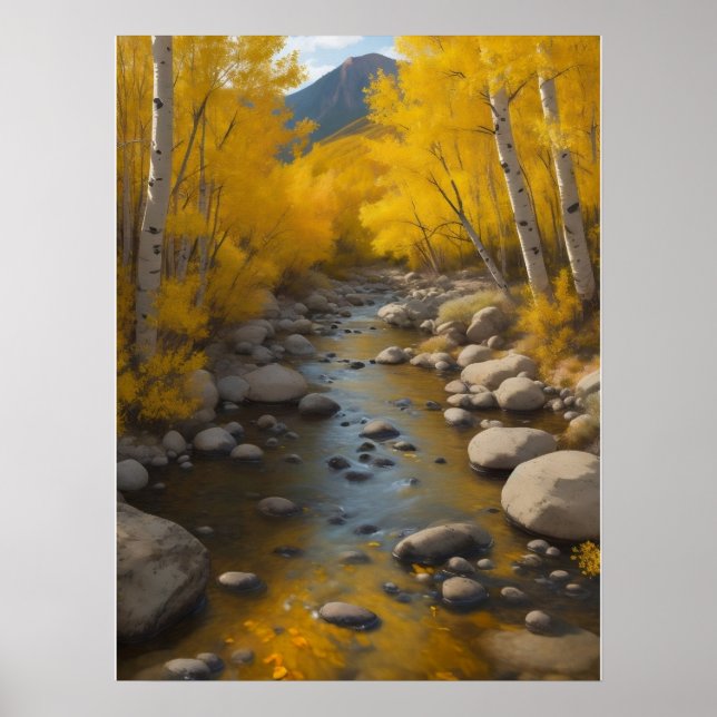 Rocky Stream With Gold Aspen Trees, Painting Poster (Front)