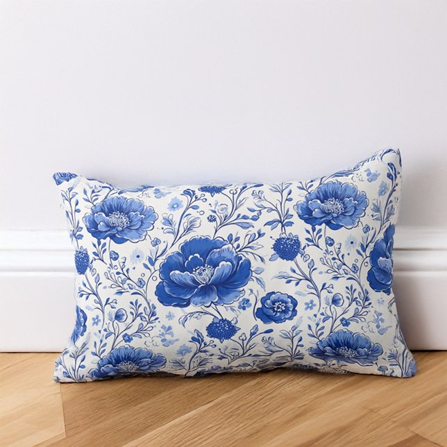 Rococo Blue Floral Elegance Lumbar Pillow (Creator Uploaded)