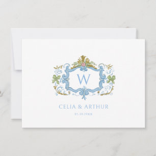 Rococo Blue Monogram Crest Wedding Thank You Card