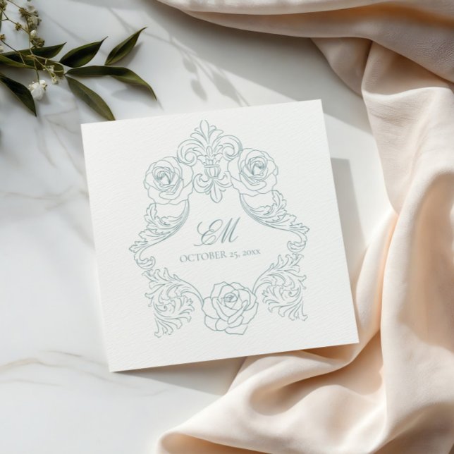 Rococo Crest Monogram Dusty Blue Wedding Logo Napkin (Creator Uploaded)