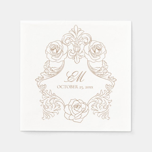 Rococo Crest Monogram Golden Brown Wedding Logo  Napkin (Front)