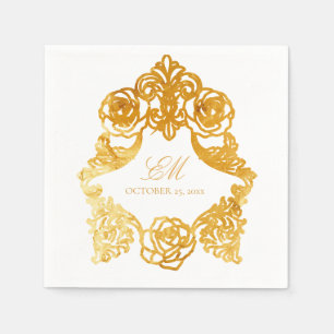 Rococo Crest Monogram Golden Foil Wedding Logo Napkin